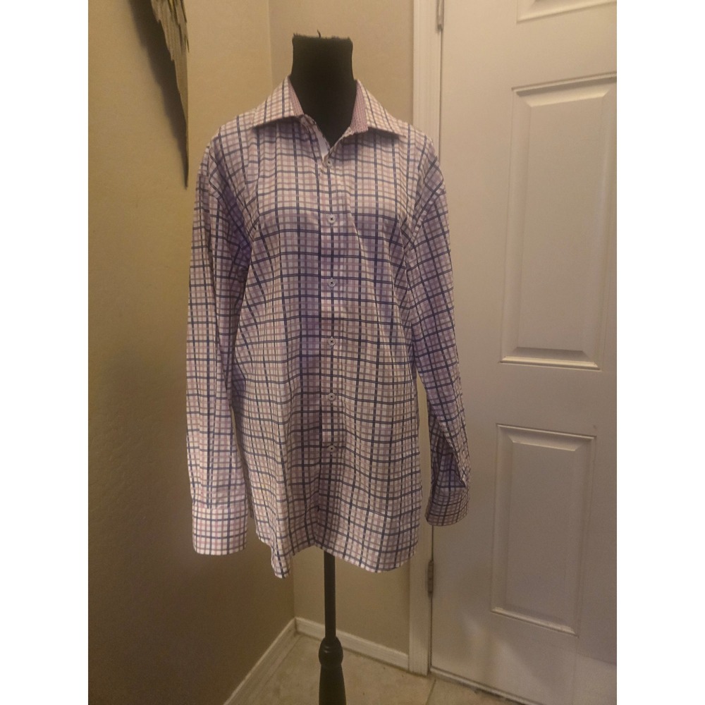 English Laundry Mens Plaid Button Down Dress Shirt Purple Blue 16.5 34/35 Cotton